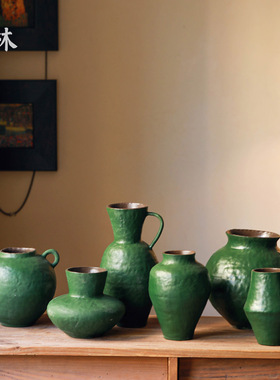 新中式复古绿色陶瓷花瓶套装家居民宿酒店装饰摆件高级感氛围花器