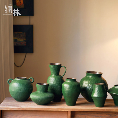 新中式复古绿色陶瓷花瓶套装家居民宿酒店装饰摆件高级感氛围花器