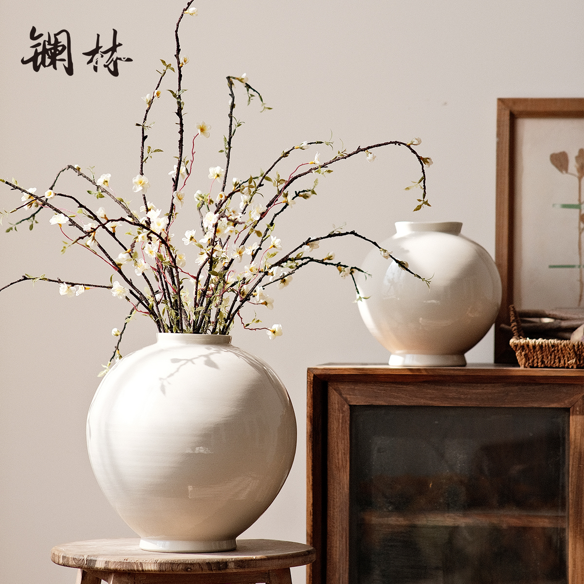 新中式白色陶瓷大肚花瓶复古陶罐摆件干花民宿装饰禅意插花花器