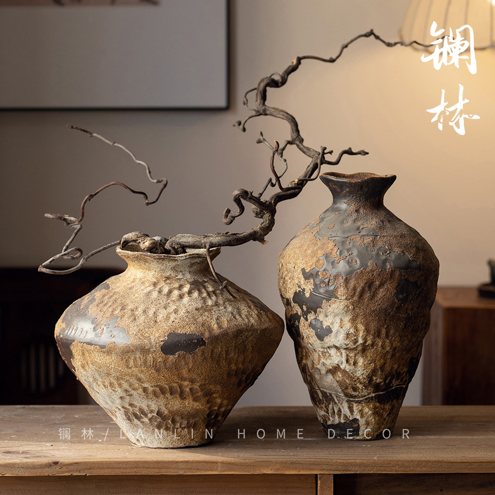 侘寂风粗陶花瓶高级感茶室