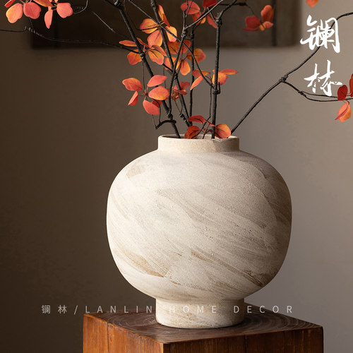 镧林新中式大肚花瓶景德镇素色陶瓷粗陶花器侘寂陶罐民宿装饰漫梨