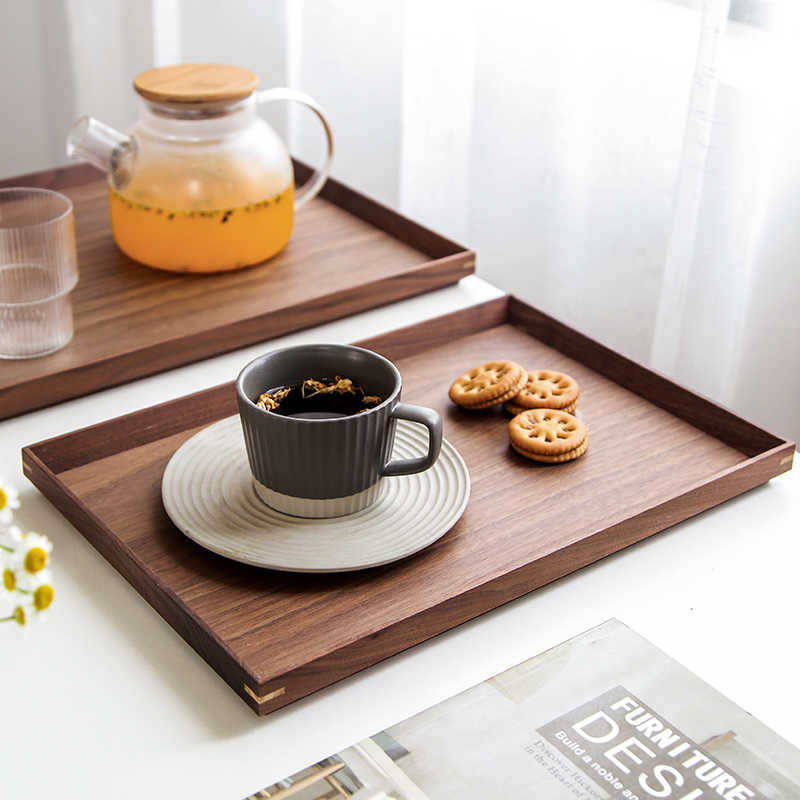 日式木质托盘家用实木早餐盘家用长方形黑胡桃托盘茶杯茶具收纳盘