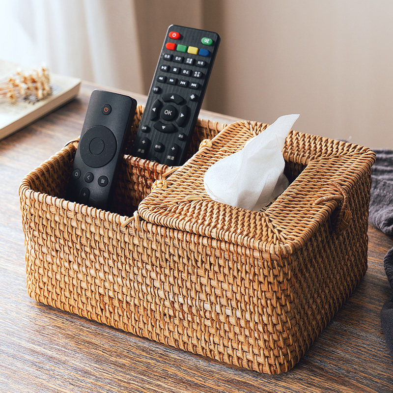 藤编桌面收纳盒客厅茶几纸巾盒抽纸盒遥控器储物盒钥匙杂物整理盒