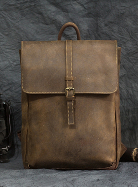 疯马皮男士真皮韩版双肩包复古头层牛皮15寸电脑手提旅行背包男包