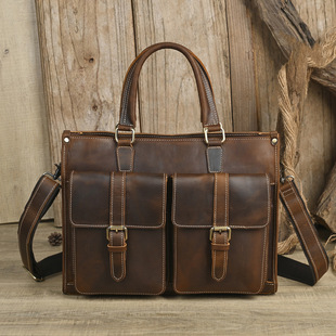 头层全牛皮复古男士 真皮手提单肩斜挎包疯马皮英伦剑桥公文包 横款