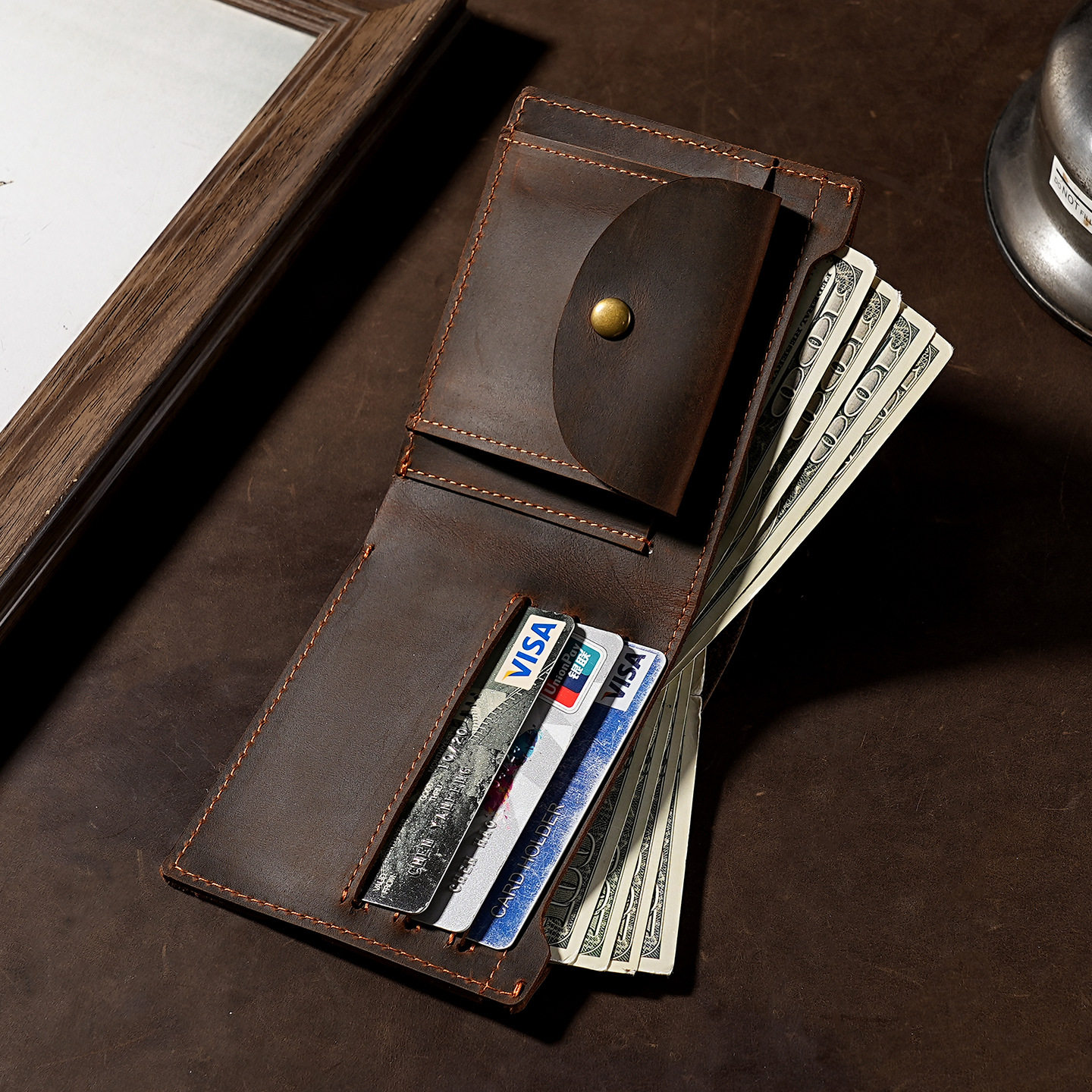 潮男士短款真皮复古手工头层牛皮欧美个性青年横款钱夹零钱小钱包