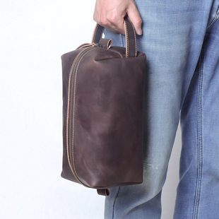 天然头层全牛皮疯马皮手提洗漱包真皮男士手拿包大容量化妆收纳包