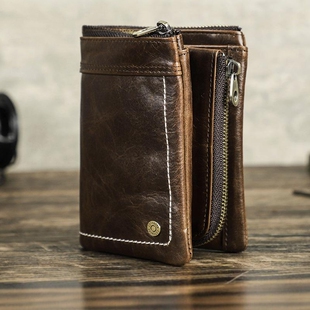 三折零钱包钱包男式 竖款 皮夹 长款 油蜡皮天然头层纯全牛皮RFID男士