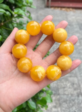 天然二代蜜蜡手串男女款鸡油黄金绞蜜瓷白飘花琥珀手链圆珠饰品51