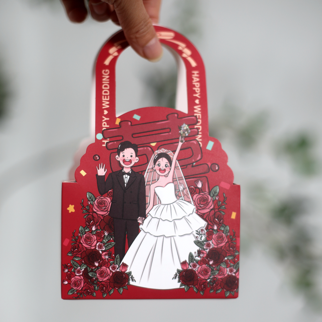 卡通新人婚礼糖盒粉色紫色订婚手绘插画红色手提喜糖盒结婚用品