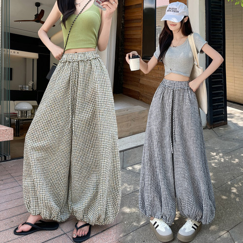 实拍泡泡格格子灯笼裤女2026夏季新款松紧腰抽绳花苞腰慵懒阔腿裤