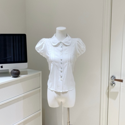 藤姐同款 GREENBELT夏序天丝收腰白色娃娃领衬衫女泡泡袖蕾丝拼接
