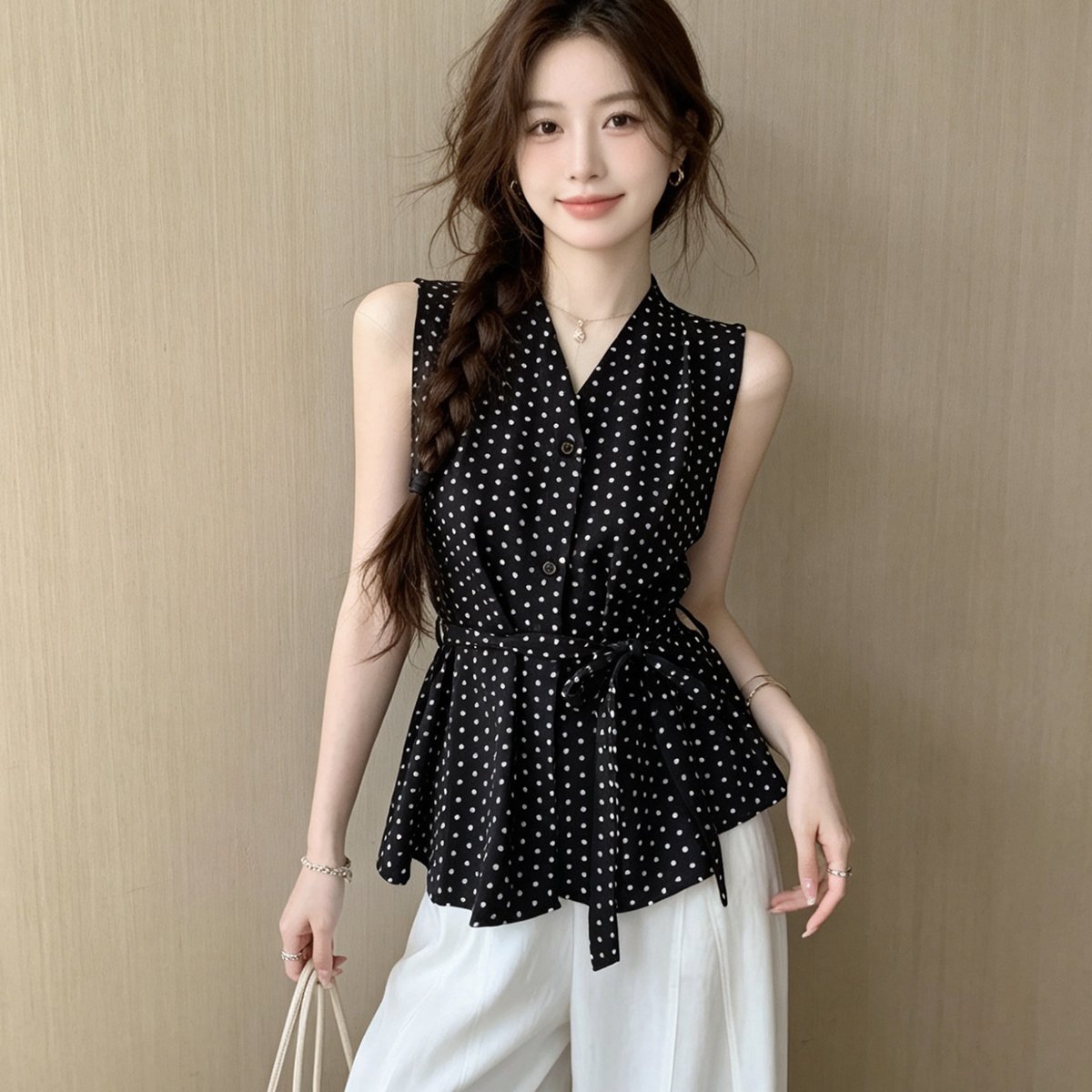 港风穿搭绑带收腰波点衬衫女款2026夏季新款时髦别致绝美小衫上衣