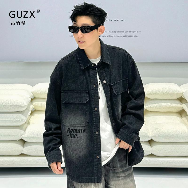 潮牌牛仔字母印花工装衬衣外套