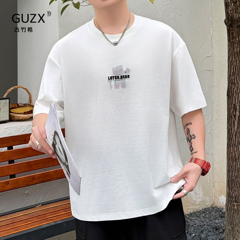 泼墨印花小熊圆领短袖t恤2025夏季男士潮牌情侣款宽松半袖上衣
