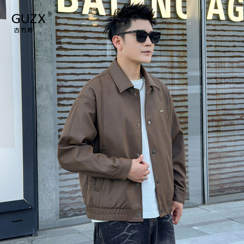 美拉德色系皮衣外套男士