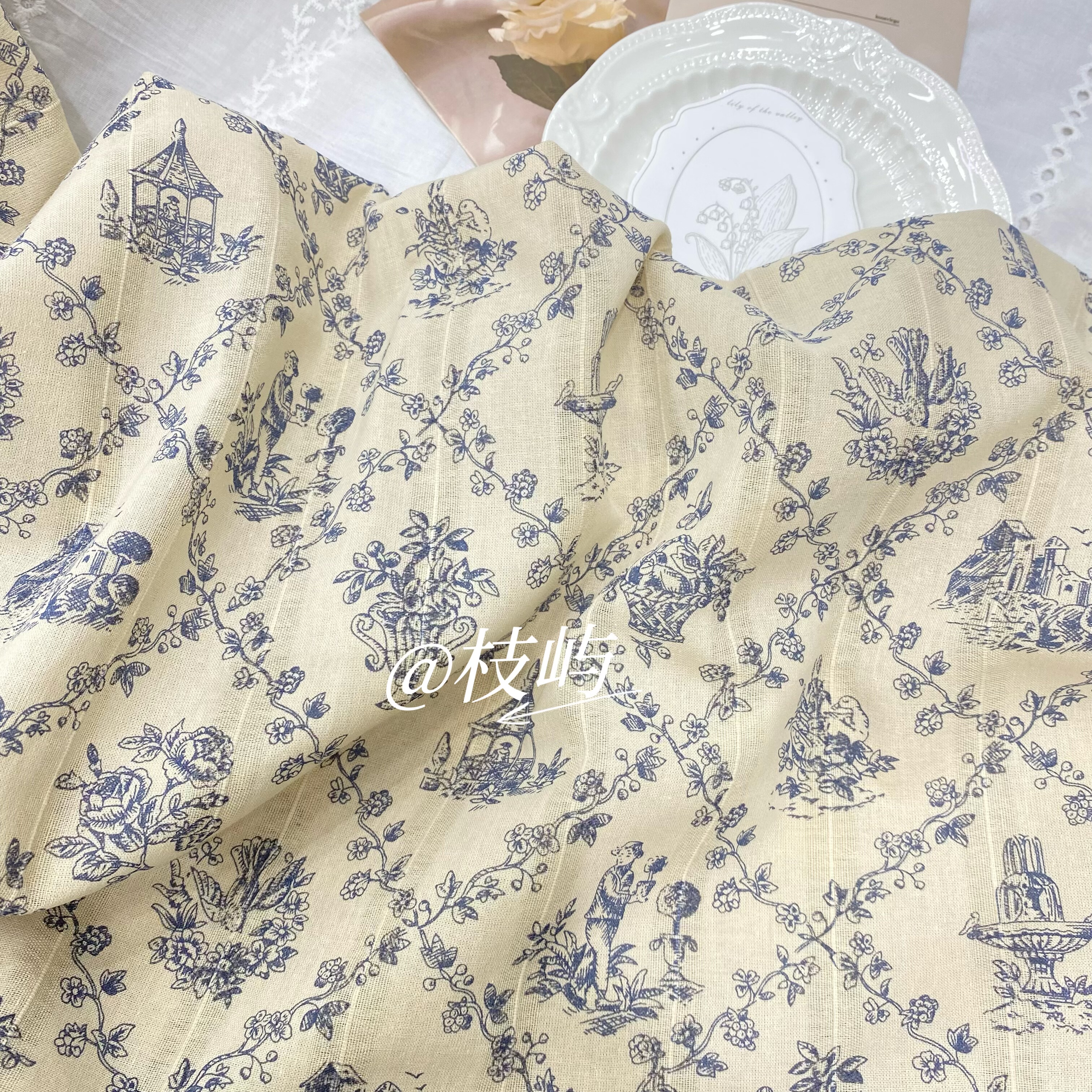 枝屿法式庄园复古印花面料蓝线描海绵垫/布料/面料/