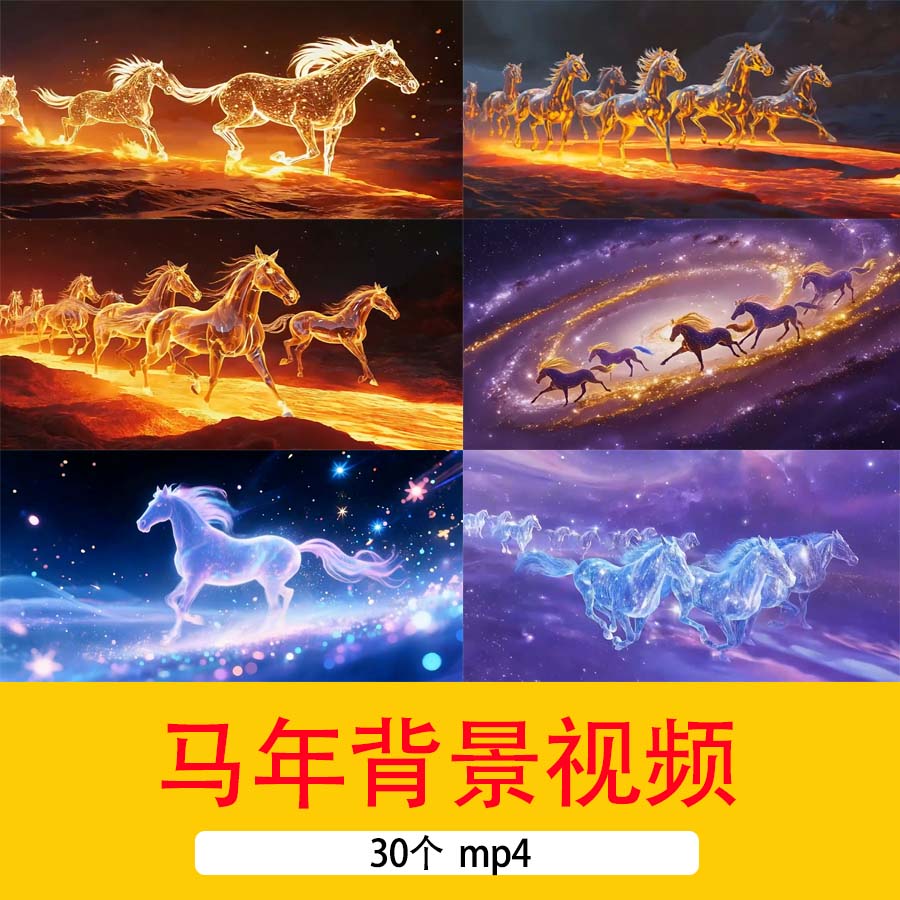 2026马年元旦新年背景视频马年骏马奔跑奔腾元素卡通动漫AI视频