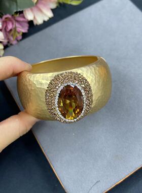 土耳其苏丹石中古亚金色开口大手镯法式vintage个性夸张水钻首饰