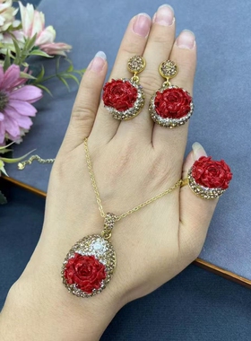 粉压贝壳牡丹花吊坠项链耳环戒指套装唯美精致中古欧美饰品女