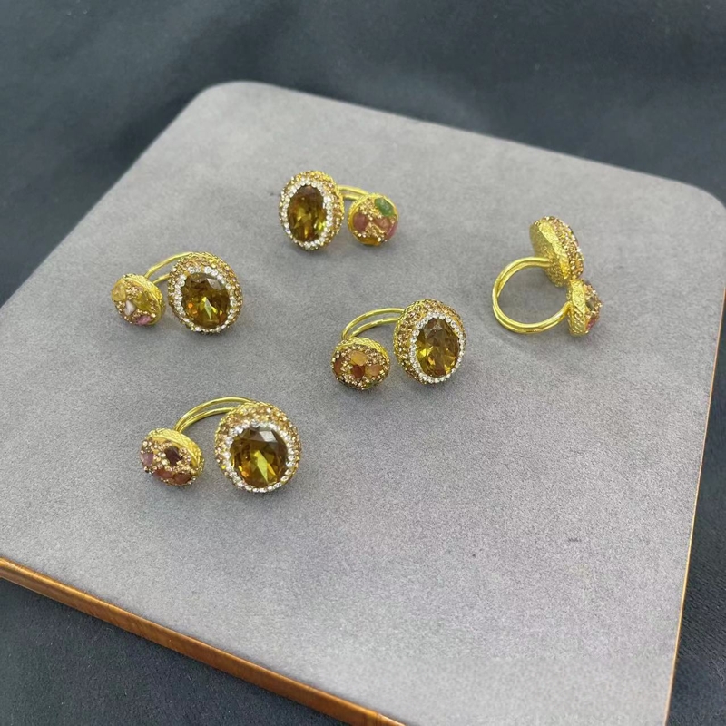 土耳其苏丹石变色石镶嵌天然碧玺活口戒指女法式vantage流行首饰