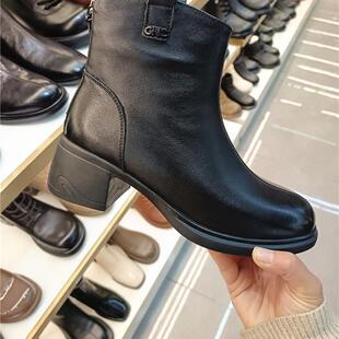 日泰女鞋女靴2024新款冬季真皮切尔西加绒粗高跟棉靴