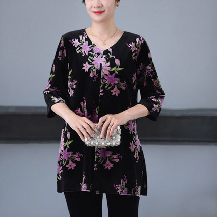 中老年女装金丝绒T恤小衫胖妈妈加肥加大码宽松上衣200斤洋气时尚