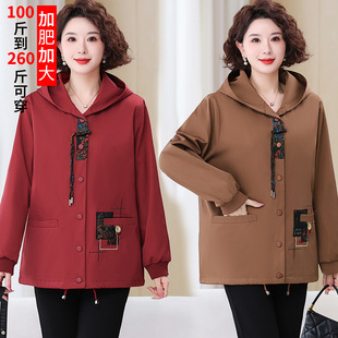 宽松遮肚休闲风衣上衣 连帽外套特加肥加大码 中老年女装 春秋妈妈装