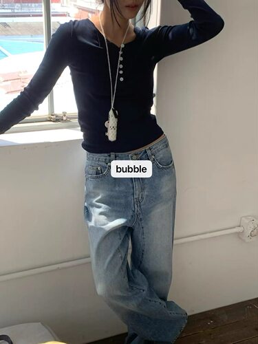 现bubble韩代Tempting东大门半开领修身长袖T恤实体秒发 假一赔十