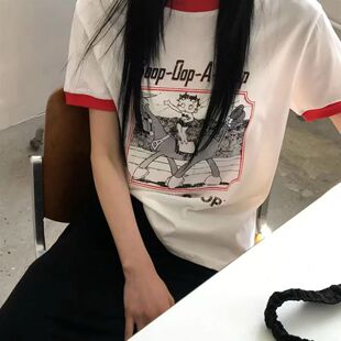 现bubble韩代shop weare红色拼接贝蒂卡通印花短袖T恤女实体秒发