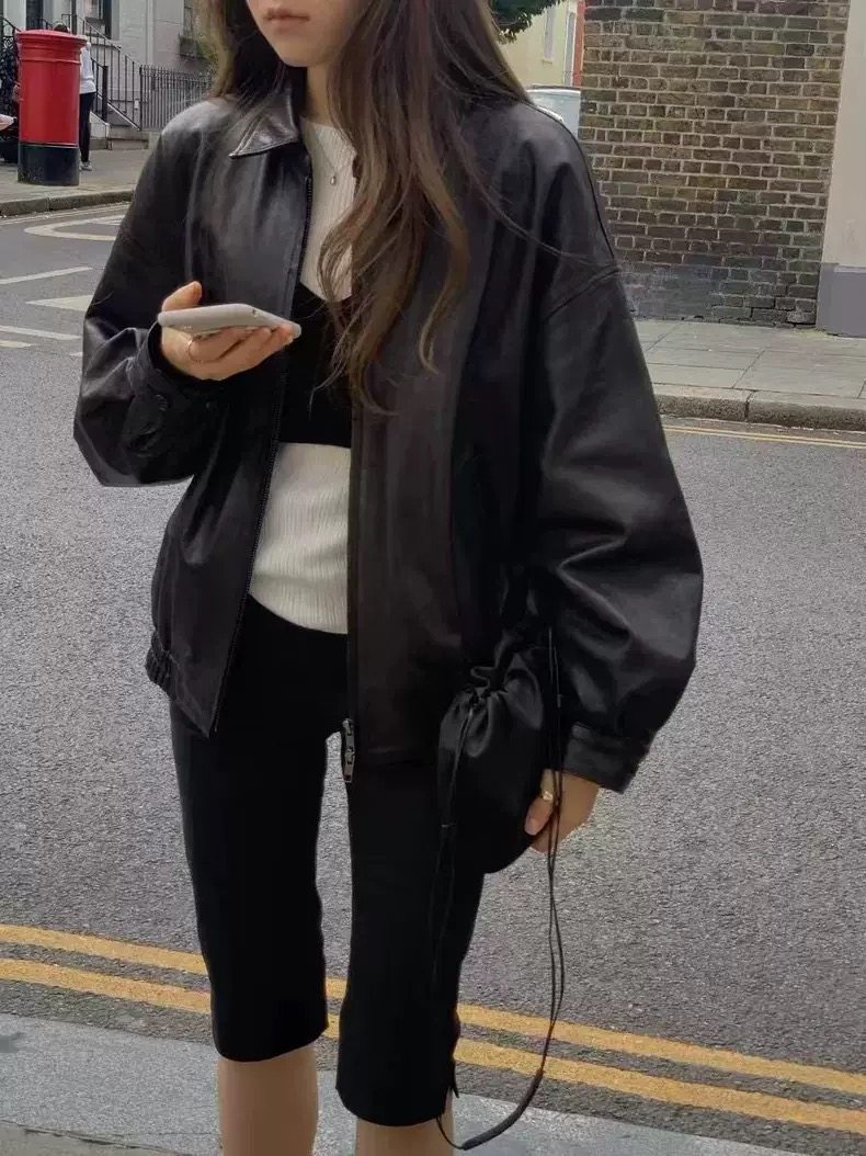 韩国ounce皮衣外套女高级感复古防风机车立领皮衣夹克