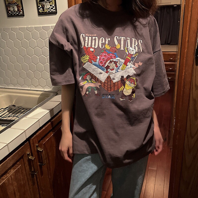 Suhoo韩国2025春季新款复古做旧卡通聚会印花宽松短袖T恤