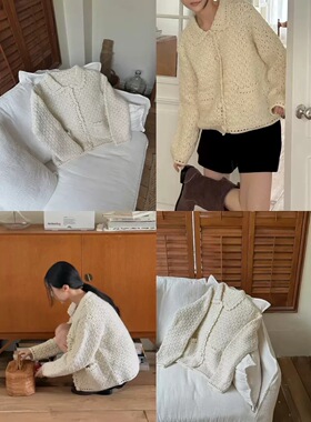 韩国ohao纯手工钩花针织开衫女法式温柔毛衣外套50%羊毛开春外套