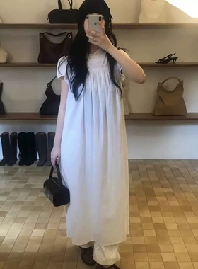 Smooth现货韩国夏季新款法式甜美花边立领直筒连衣裙白色长裙度假