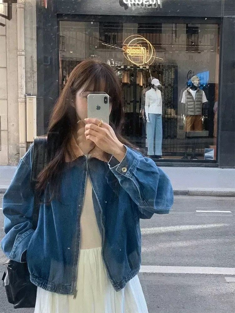 韩国objet牛仔外套女复古做旧水洗工装翻领夹克外套