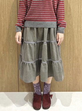 韩国aeae新款复古格子拼接蛋糕裙半身裙女高腰显瘦中长款裙子