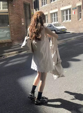 韩国ounce甜美纯欲减龄洋气荷叶边无袖女背心裙蕾丝吊带白裙叠穿