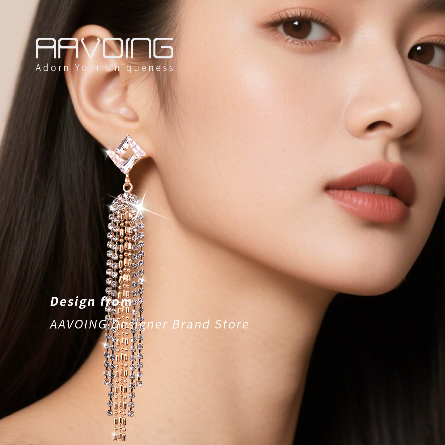 A家水钻流苏耳环女长款气质百搭高级感耳饰几何锆石个性耳钉礼服