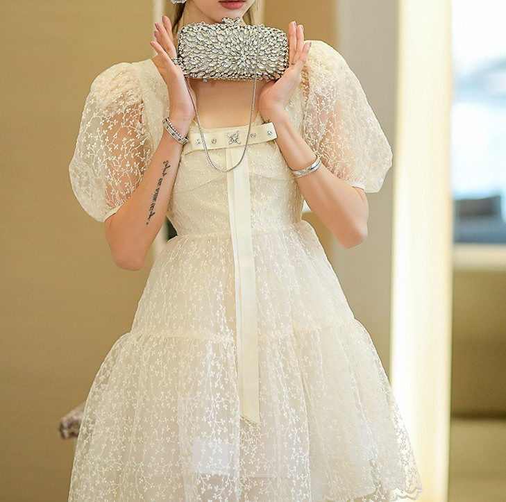 针机绣蕾丝气质连衣裙