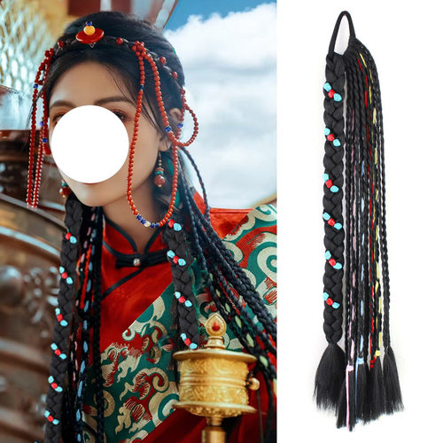 西藏族藏式假发藏辫脏辫民族风辫子假发彩色松石随形子毛线辫子