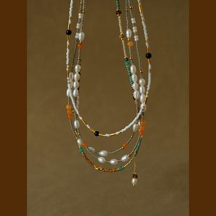 时髦小众设计感叠戴小米珠锁骨链 彩色串珠天然石珍珠复古项链个性