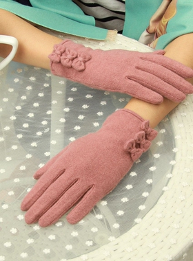 日本单羊毛手套文艺纯色显瘦分指手套女冬气质保暖可爱蝴蝶结开车