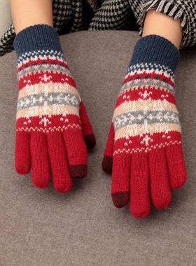 日本羊毛手套女加绒加厚冬五指双层防寒可爱森女雪花分指触屏骑车