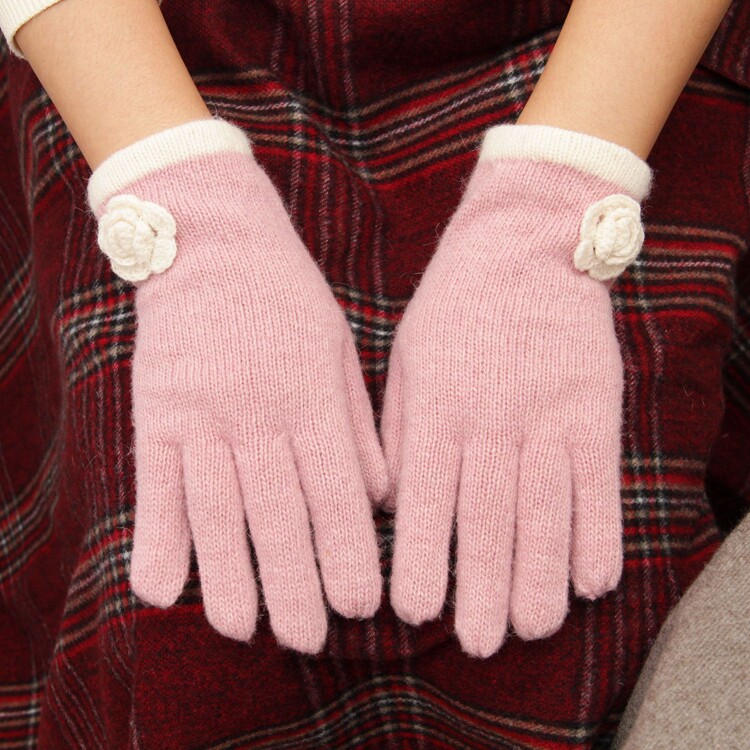 ins日本秋冬新款兔羊毛手套 针织保暖女冬可爱山茶花粉色手套分指