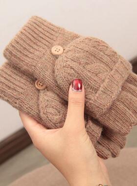 日本羊毛翻盖加绒加厚保暖学生写字手套夹花针织半指露指绞花防寒