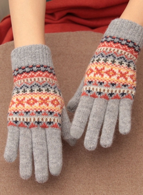 日本羊毛针织手套分指触屏民族风复古手套女冬保暖薄款文艺森系款