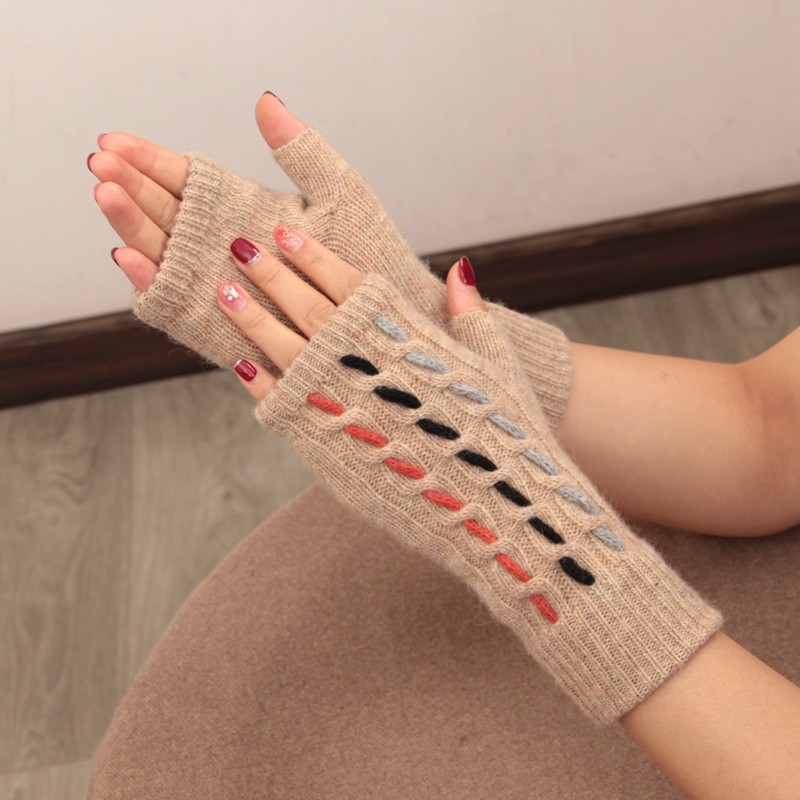 羊毛半指露指薄款针织手套写字女