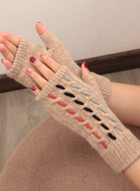 日本客单羊毛针织半指露指手套女冬保暖学生写字防寒绞花撞色条纹