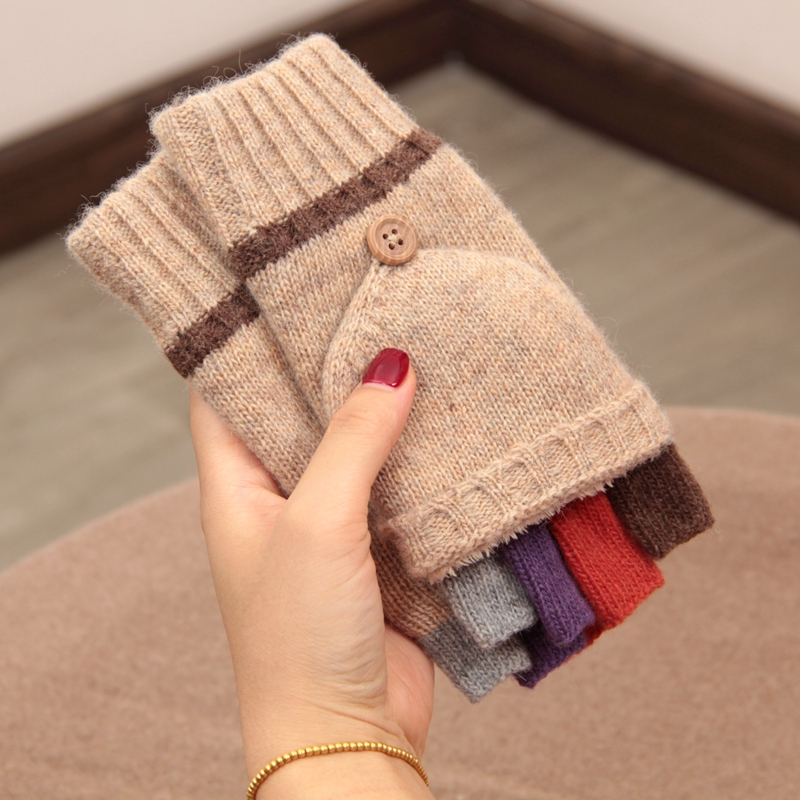 羊毛针织半指加绒加厚手套翻盖女