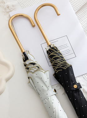 日系波点刺绣手动长柄伞黑胶防紫外线太阳伞晴雨两用直杆伞雨伞女